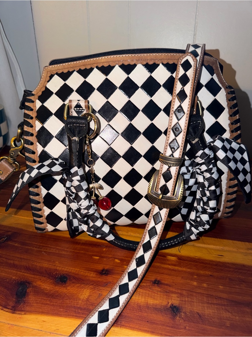 Black & White Checker Leather Crossbody Bag with Tan Trim Accessories Included
